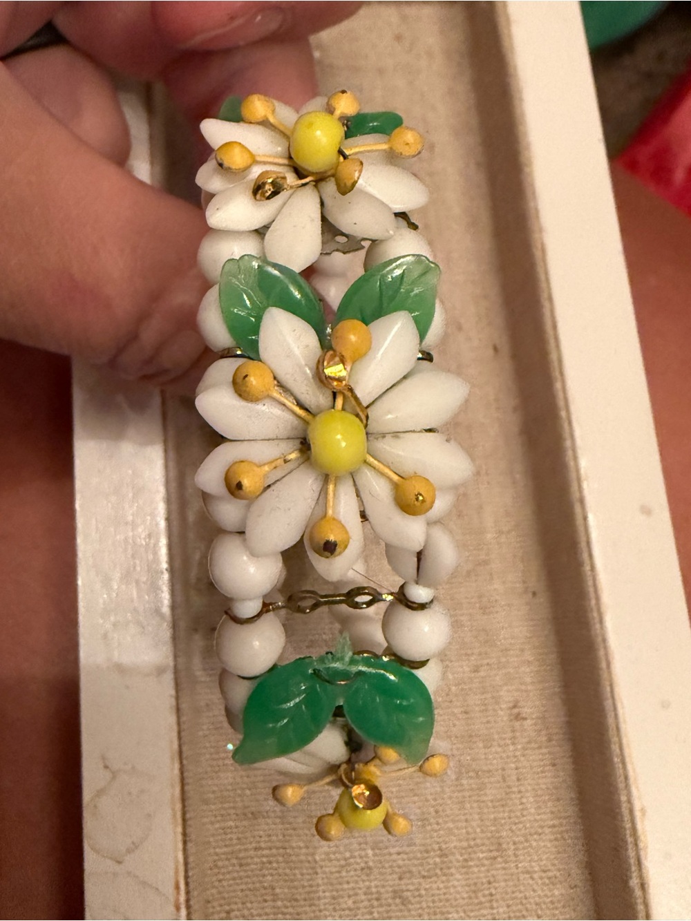 Vintage White, Green & Yellow Floral Stretch Bracelet - Women's Jewelry